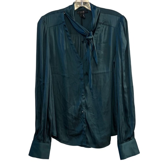 PAIGE Tops - PAIGE Cleobelle Emerald Green Satin Tie Neck Button Front Blouse Medium